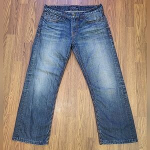 Mens Guess Desmond Relaxed Straight Jeans 32x26 Blue Denim Thick Stitch B21